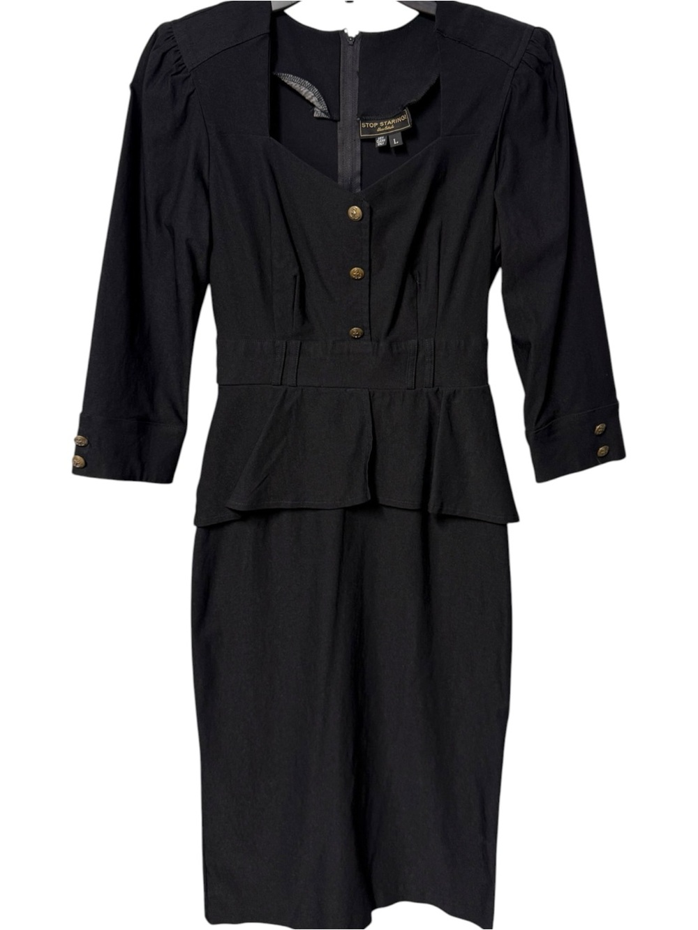 Stop Staring Retro Style Black Peplum Pencil Dress Sz L